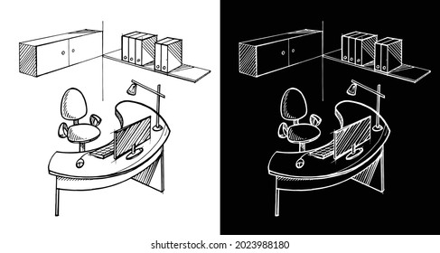 Página de inicio del diseño interior. Esbozo vectorial de la sala de oficinas. Imagen dibujada a mano. Ilustración de la sala interior del mobiliario, bosquejo del apartamento vivo