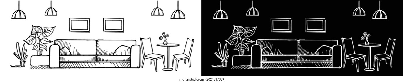Página de inicio del diseño interior. Esbozo vectorial de la habitación. Imagen dibujada a mano. Ilustración de la sala interior del mobiliario, bosquejo del apartamento vivo