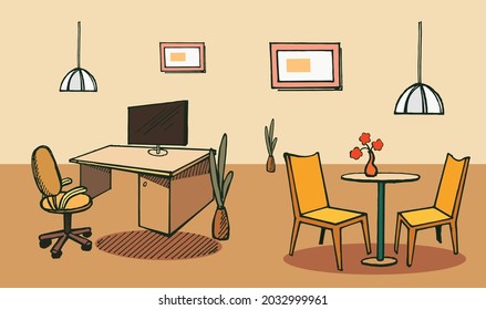 Interior design landing page. Vector sketch of office room. Hand drawn image. Illustration of furniture interior room, sketch living apartment.