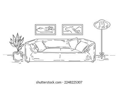 Interior design landing page. Vector sketch of living room. Hand drawn furniture. Illustration of furniture