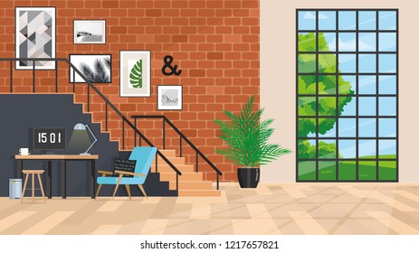 The interior design of a large room with a cozy work space by the stairs and a huge window with a landscape.