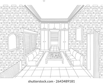 Interior Design Line Art Sketch, Detailed black and white line art illustration depicting an empty living room interior with furniture, brick walls, and architectural details. Ideal for design