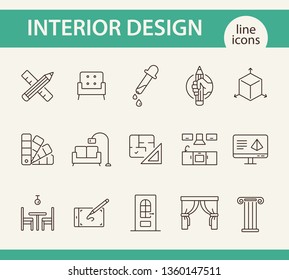 Interior design line icon set. Pencil, ruler, furniture, room. Home concept. Can be used for topics like house project, renovation, home design