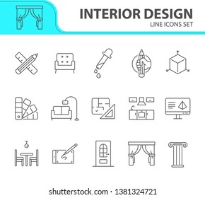 Interior design line icon set. Pencil, ruler, furniture, room. Home concept. Can be used for topics like house project, renovation, home design