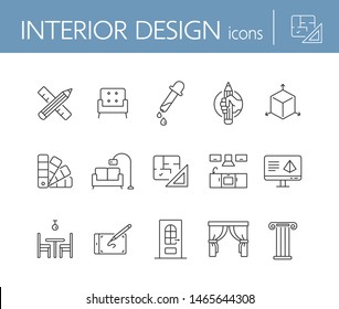 Interior design line icon set. Pencil, ruler, furniture, room. Home concept. Can be used for topics like house project, renovation, home design