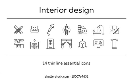 Interior design line icon set. Pencil, ruler, furniture, room. Home concept. Can be used for topics like house project, renovation, home design