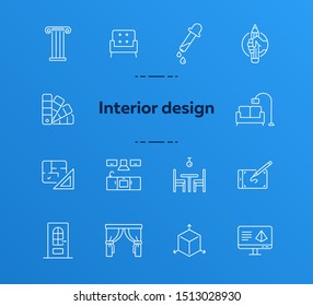 Interior design line icon set. Pencil, ruler, furniture, room. Home concept. Can be used for topics like house project, renovation, home design