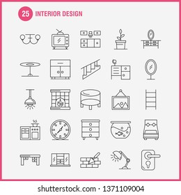 Interior Design Line Icons Set For Infographics, Mobile UX/UI Kit And Print Design. Include: Bedroom, Cupboard, Furniture, House, Wardrobe, Television, Tv, House, Icon Set - Vector