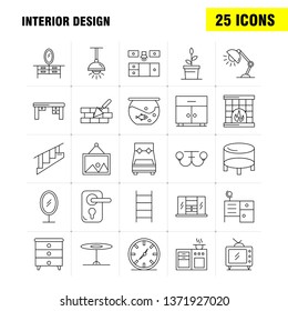 Interior Design Line Icons Set For Infographics, Mobile UX/UI Kit And Print Design. Include: Bedroom, Cupboard, Furniture, House, Wardrobe, Television, Tv, House, Icon Set - Vector