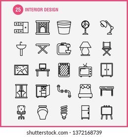 Interior Design  Line Icons Set For Infographics, Mobile UX/UI Kit And Print Design. Include: Iron, Electronics, Home Appliances, Electronics Items, Bath Tub, Eps 10 - Vector