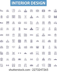 Interior design line icons, signs set. Decor, Styling, Furnishings, Layout, Colour, Light, Painting, Wallpaper, Art outline vector illustrations.