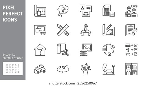 Interior design line icons. Vector illustration include icon - architecture, blueprint, project calculation, documentation outline pictogram for home decoration. 64x64 Pixel Perfect, Editable Stroke