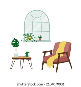 Interior design of living room with armchair, window, table and houseplants. Trendy composition with home decorations. Isolated vector illustration