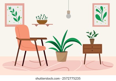 Interior and design of the living room, armchair with a side table, indoor plants and paintings. Vector illustration