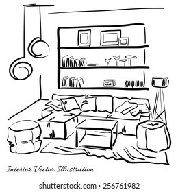 Interior Design Of The Living Room With Big Couch, Puffs And Book Shelves. Hand Drawn Sketch.