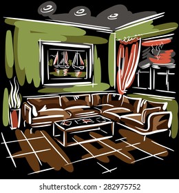 Interior design of the living room with big couch, red blinds, green walls and picture with sailboats. Hand drawn sketch.