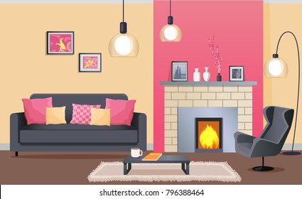 Diseño interior de salón con chimenea de ladrillo, sillón de cuero, moqueta mullida, mesa baja de metal y fotos en la ilustración de los vectores de pared.