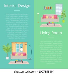 Interior design and living room, collection of posters with text sample and letterings, sofa and lamp, window and plants vector illustration