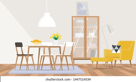 The interior design of the living room and dining room in the Scandinavian style with a yellow chair, wooden furniture. 