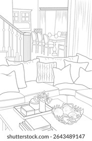 Interior Design Living Room and Dining Area Outline Illustration, Line art illustration of a comfortable home interior scene, featuring a living room with a large sectional sofa, pillows, coffee