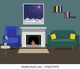 Interior design of a living room with fireplace, armchair and sofa