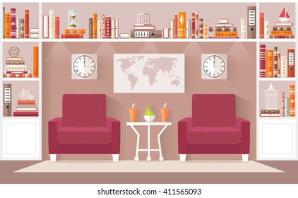 Interior design living room in the flat style. Vector illustration. Interior Concept. The living room, an office or a library with furniture, bookcases.