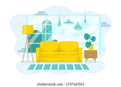 Interior design of a living room with furniture, a large window, a yellow sofa, a floor lamp with flowers and a stand on an isolated white background. Flat style. Pastel blue. Vector illustration