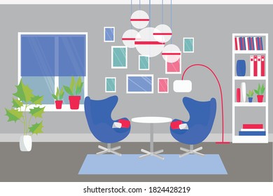 Interior design of the living room with furniture: sofa, armchair, bookcase, TV, chandelier, table, frames, floor lamp, lamps. Flat style vector illustration