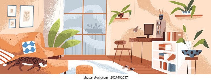 Interior design of living room with furniture, house plants and decor. Inside cozy home with sofa, bookshelf, table, and computer. Modern apartment panorama. Colored textured flat vector illustration