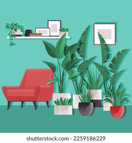 Interior design living room. Furniture in regular home with no people. Plants, chair, shelf on wall and interior elements. Armchair red fabric. Hanging bookshelf with pictures in frames on green wall
