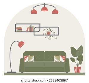 Interior design of the living room with furniture: sofa with pillows, shelf with books, indoor plants, floor lamp, chandelier. Vector illustration. Flat style.