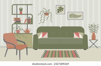 Interior design of the living room with furniture. Sofa with pillows, shelves, paintings on the wall, indoor plants, watering can, armchair, rug, books.