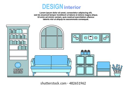 Interior design living room furniture concept flat line art vector icons. Modern website infographics illustration image web banner