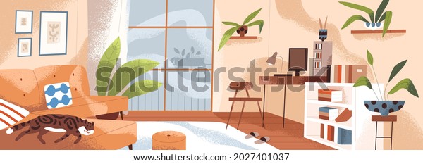 Interior design of living room with\
furniture, house plants and decor. Inside cozy home with sofa,\
bookshelf, table, and computer. Modern apartment panorama. Colored\
textured flat vector\
illustration