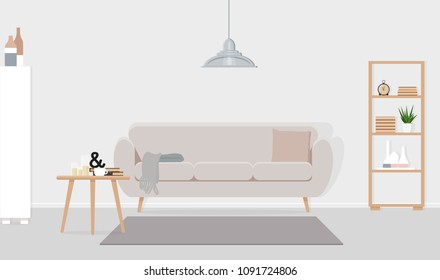 Interior design of a living room with a gray lamp over a beige sofa. Vector flat illustration.