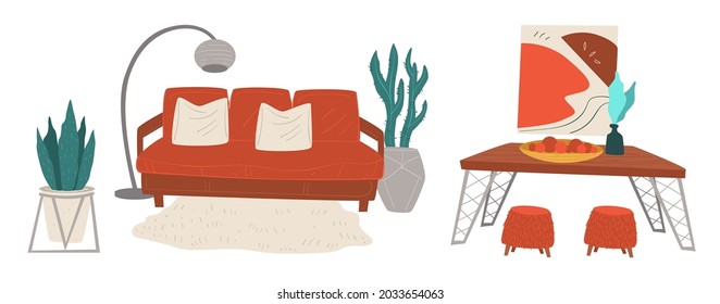 Interior design of living room in mid century modern trendy look. Sofa with cushions, table with chairs and contemporary artwork. Flowers in geometric pot or metal vase. Vector in flat style