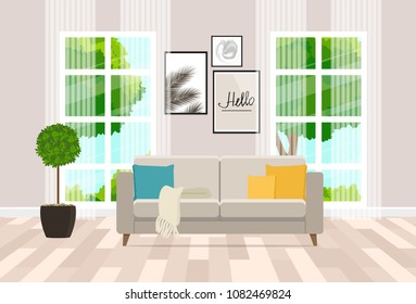 Interior design of the living room with modern furniture. Vector flat illustration.