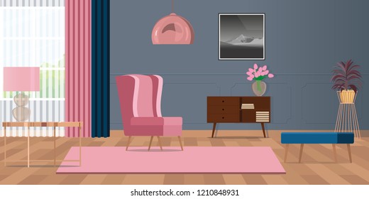 Interior design of the living room in pink and blue with cozy furniture. Vector flat illustration.