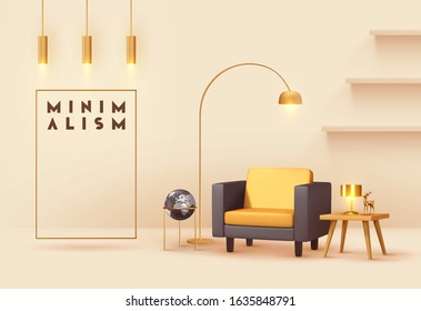 Interior design living room. Realistic wooden square table with gold lamp. Armchair yellow and black fabric. Hanging Golden Lamps. shelf on wall. Minimal composition 3d rendering. Vector illustration. - Shutterstock ID 1635848791
