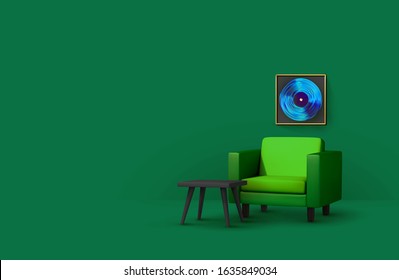 Interior design living room. Realistic wooden square table . Armchair dark green fabric. Blue vinyl record hanging on the wall. Minimal composition 3d rendering. Vector illustration.