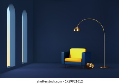 Interior design living room. Realistic room with large windows and sunlight. Armchair yellow blue fabric. Minimal composition 3d rendering. background comfortable resting place. Vector illustration