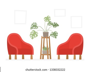 Interior design of a living room with red armchairs and plants on shelf. Vector flat illustration of trendy and comfortable furniture decorations for home interior isolated on white background.