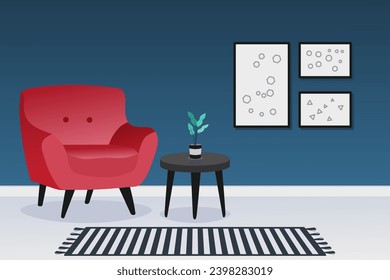 Interior design of a living room with red sofa and dark blue wall. Home interior. Vector illustration.
