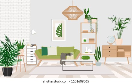 Interior design of a living room in a Scandinavian style with a green sofa, wooden furniture, room plants. Vector flat illustration.