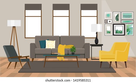 Interior design  of the living room with a sofa and two armchairs on the background of a wall with windows. 