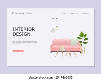 Interior design. Living room with sofa, table, lamp, plant.
