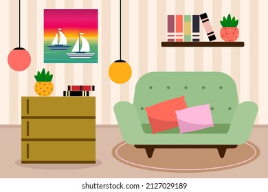 Decoración interior de una sala de estar con un sofá, un cuadro, lámparas, una biblioteca con elementos de confort. Ilustración vectorial.