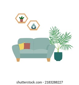 Interior design of living room with sofa and houseplants. Trendy composition with home decorations. Isolated vector illustration