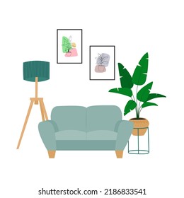 Interior design of living room with sofa, floor lamp and houseplant. Trendy composition with home decorations. Isolated vector illustration