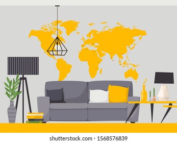 Interior design of living room, vector illustration in flat style. Modern decoration of cozy apartment, creative concept for comfortable lifestyle in urban interior. Designer sofa and lamps, world map